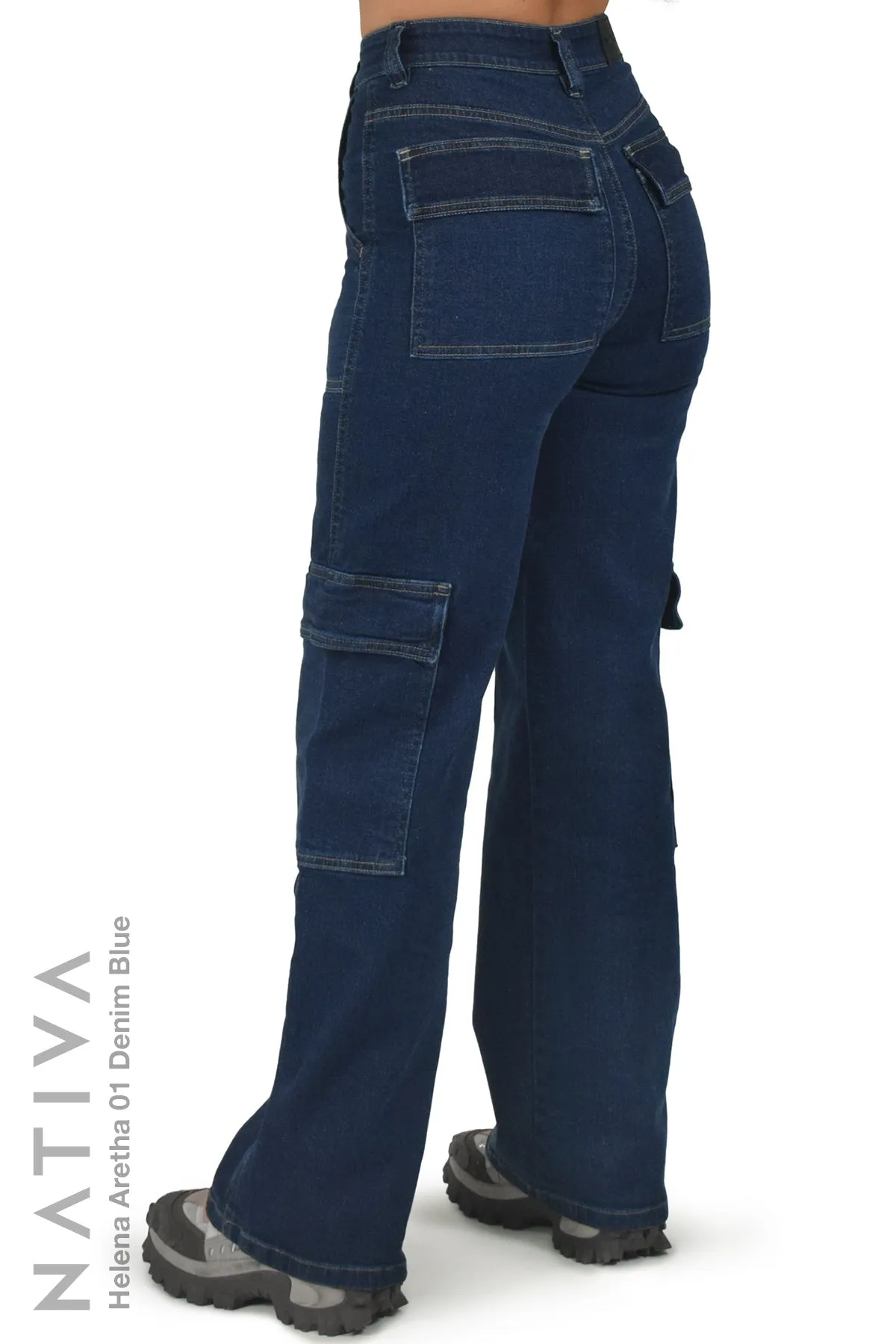 NATIVA, STRETCH JEANS. HELENA ARETHA 01 DENIM BLUE, High-Rise  Denim Cargo Jeans ESFD (Extreme  Stretch Flattering Denim) Fabric  Casual Look Slim Fit on The Hips  Solid Color